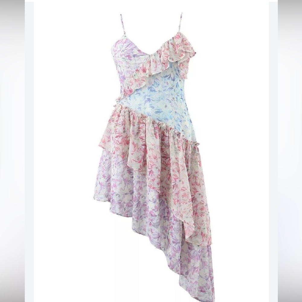 Floral Tiered Asymmetric Ruffle Skirt in Pastel Pink & Lavender